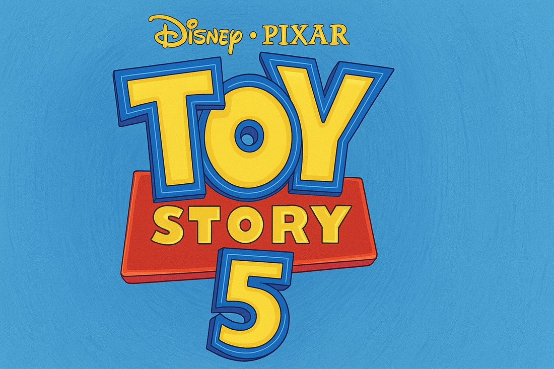 Pixar Toy Story 5 trailer concept art with full cast of toys, including Bo Peep, Forky, and Duke Caboom, in vibrant carnival scene
