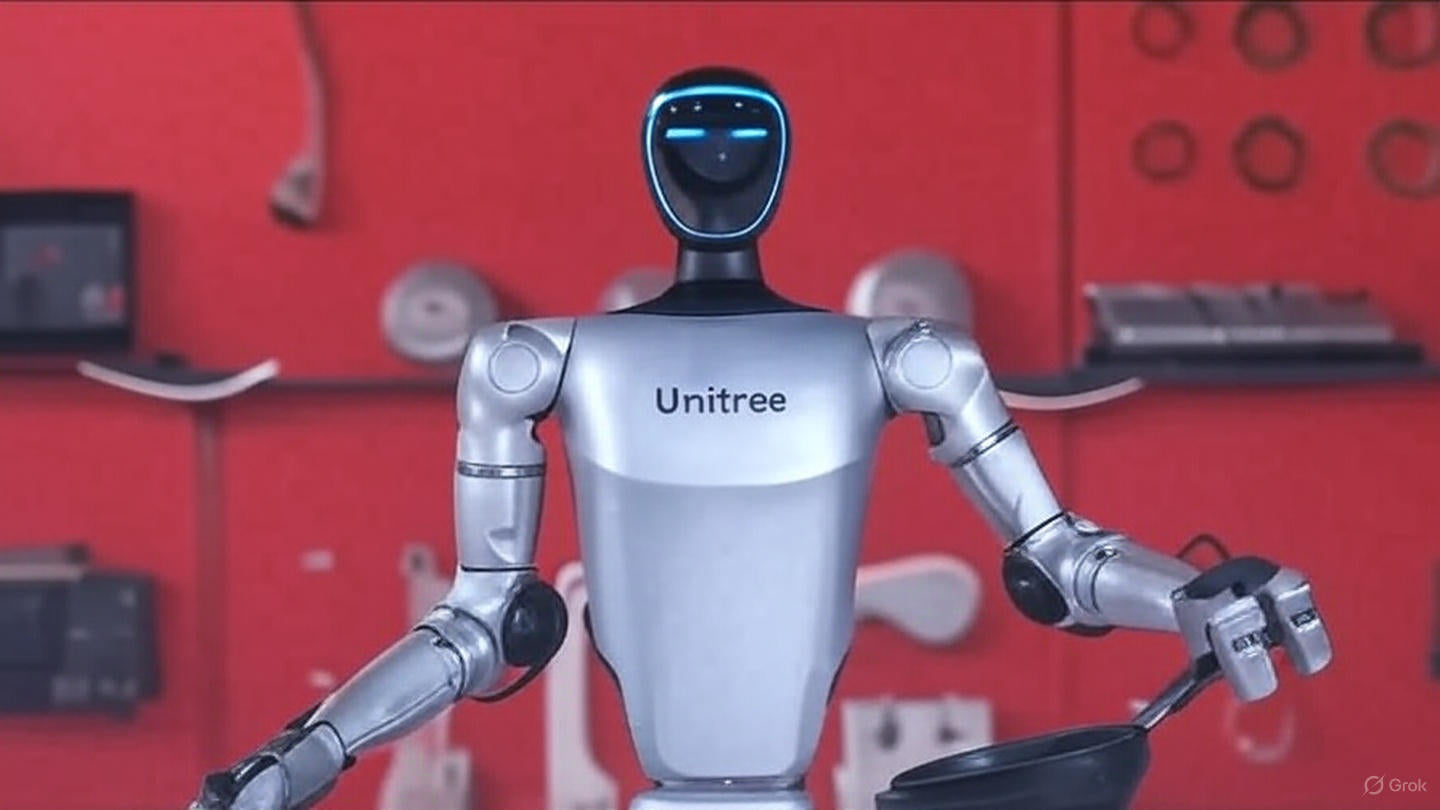 AI-powered humanoid robot Unitree G1 performing martial arts and flips