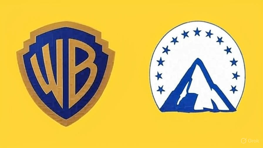 Logos of Warner Bros and Paramount represent ongoing media merger negotiations in 2025.